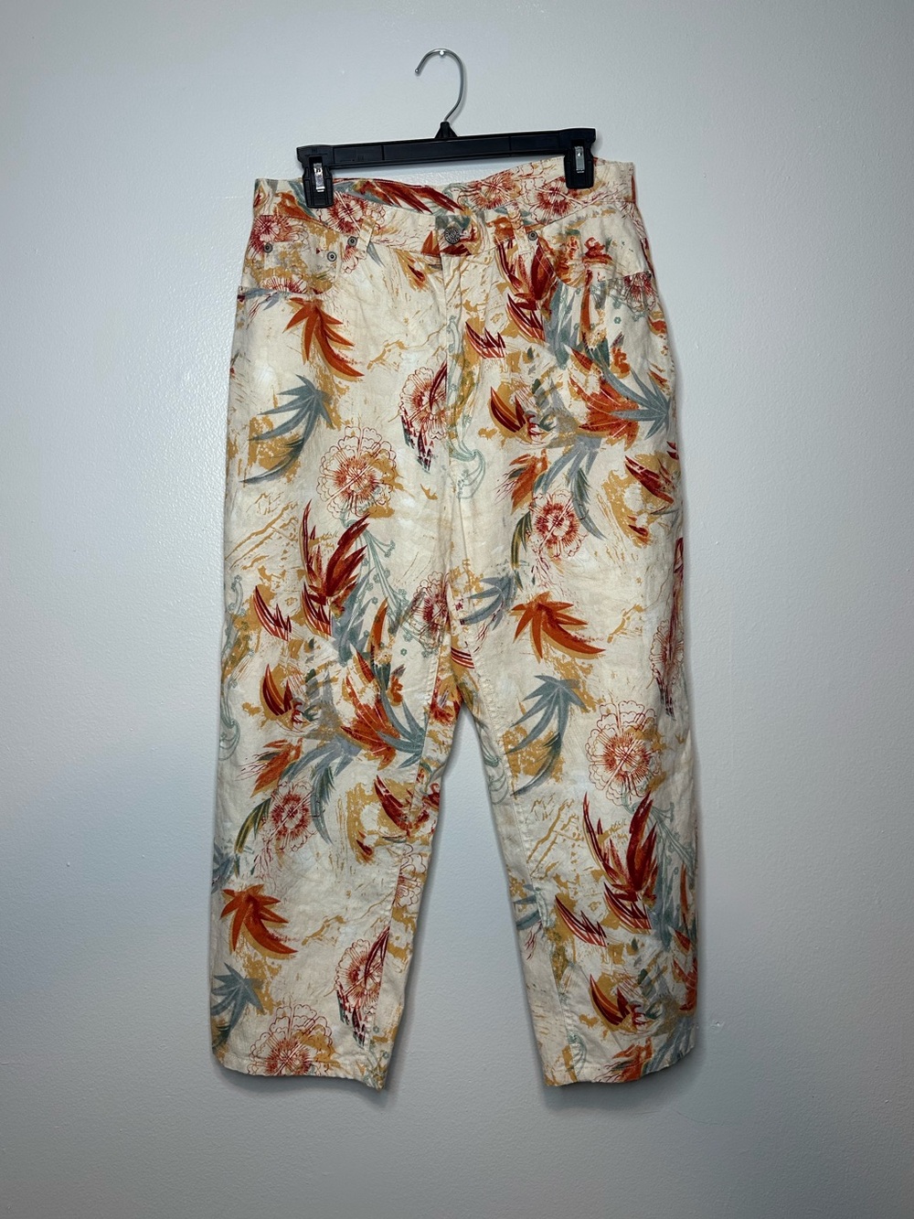 Bill Blass Vintage High rise Linen Tropical Floral Print Pants Size 10 Womens